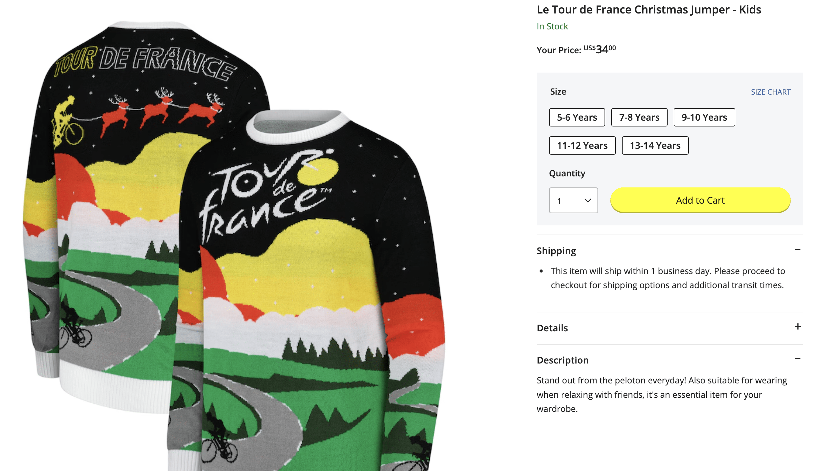 Tour de France Christmas sweater that says 'Tour de France' on the front, 'Tour de France' on the back and has a landscape scene of a cyclist riding through rolling hills. 
